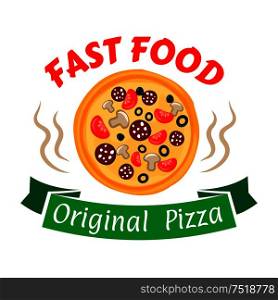 Hot and spicy pepperoni pizza symbol with sausages and cheese, olives, tomatoes and mushrooms toppings. Fast food pizza icon with green ribbon banner for pizzeria and cafe design. Pepperoni pizza icon for pizzeria menu design