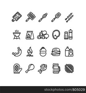 Hot barbecue and grill line icons. Bbq outdoor kitchen vector isolated symbols. Food sausage and burger, barbeque picnic icon linear illustration. Hot barbecue and grill line icons. Bbq outdoor kitchen vector isolated symbols