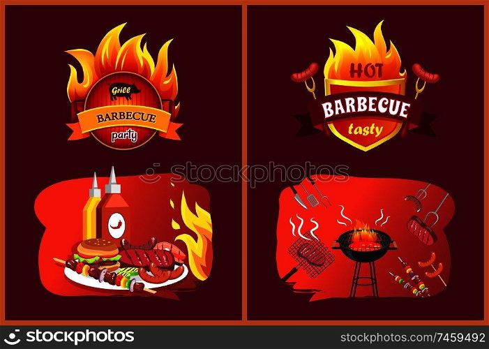Hot barbecue tasty party set with emblems. Sausages hamburger on plate, satay and brochettes with vegetables. Roasted beefsteaks and brazier vector. Hot Barbecue Tasty Party Set Vector Illustration