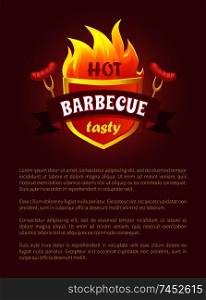 Hot barbeque heraldry icon burning fire and spicy sausages on forks vector bbq labels on posters, text sample, grilling badge invitation to picnic party. Hot Barbeque Heraldry Icon Burning Fire Sausages