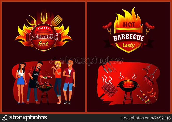 Hot bbq party with friends logos. People near grill, sausage and steak on fork, lattice or skewers. Fried salmon, fat hamburger vector illustrations.. Hot BBQ Party with Friends Logos in Flame Set
