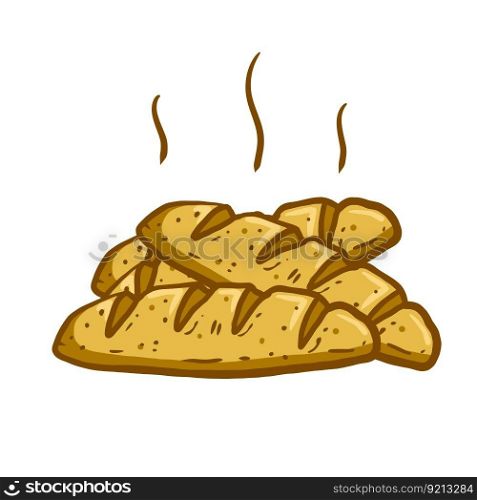 Hot Bread. Set Of Loaves. Natural farm product. The logo of the bakery. Brown fried crust. Cartoon illustration. Hot Bread. Set Of Loaves. Natural farm product