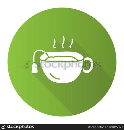 Hot brown tea cup green flat design long shadow glyph icon. Mug with warm delicious beverage vector silhouette illustration. Teatime break, breakfast symbol. Traditional british drink, refreshment