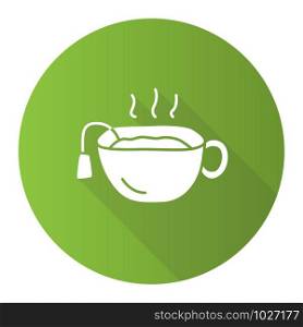 Hot brown tea cup green flat design long shadow glyph icon. Mug with warm delicious beverage vector silhouette illustration. Teatime break, breakfast symbol. Traditional british drink, refreshment