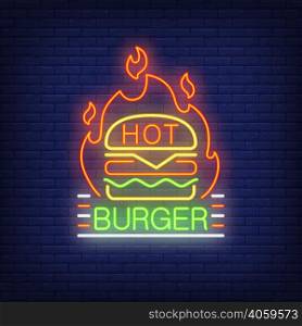 Hot burger neon sign. Hamburger and fire shape on brick wall background. Night bright advertisement. Vector illustration in neon style for fast food restaurant