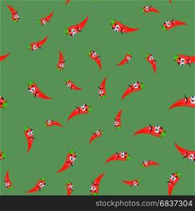 Hot Cartoon Red Peppers Seamless Pattern on Green Background. Hot Cartoon Red Peppers Seamless Pattern