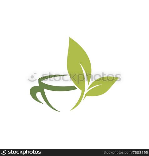 Hot Ceylon or Chinese green tea in cup isolated logo. Vector herbal drink with organic leaves. Herbal green Chinese or Ceylon tea cup