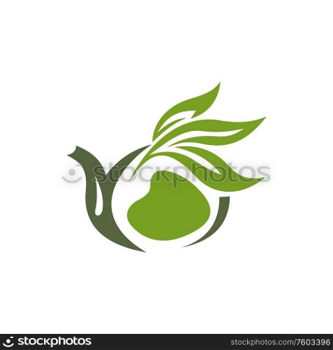Hot Ceylon or Chinese green tea in cup isolated logo. Vector herbal drink with organic leaves. Herbal green Chinese or Ceylon tea cup