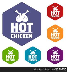 Hot chicken icons vector colorful hexahedron set collection isolated on white . Hot chicken icons vector hexahedron