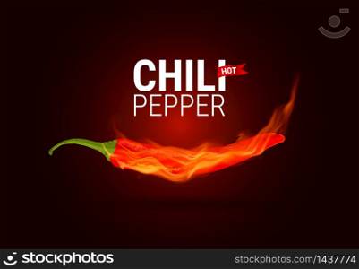 Hot chili pepper burn on fire on black background, Vector realistic 3D illustration, Burning Chili Pepper. Food concept.