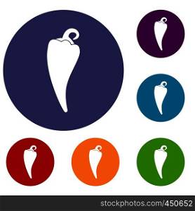 Hot chili pepper icons set in flat circle reb, blue and green color for web. Hot chili pepper icons set