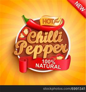 Hot chilli pepper logo, label or sticker on sunburst background. Natural, organic food.Concept of tasty vegetable for farmers market,shops,packing and packages, advertising design.Vector illustration.. Hot chilli pepper logo, label or sticker.