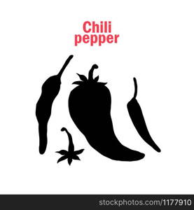 Hot chilli pepper silhouette illustration. Traditional mexican food banner template. Spicy culinary ingredient black vector symbols set. Natural spice, organic vegetables with typography. Hot chili pepper silhouette vector illustration