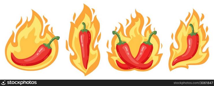 Hot chilli peppers. Cartoon spicy red chilli pepper in fire flames, red hot burning mexican peppers isolated vector illustration icons set. Organic vegetable for food sauces, cooking. Hot chilli peppers. Cartoon spicy red chilli pepper in fire flames, red hot burning mexican peppers isolated vector illustration icons set