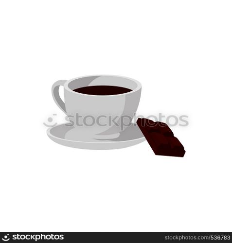 Hot chocolate icon in cartoon style isolated on white background. White coffee cup with saucer and peice of chocolate. Hot chocolate icon, cartoon style