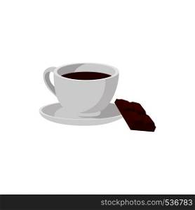 Hot chocolate icon in cartoon style isolated on white background. White coffee cup with saucer and peice of chocolate. Hot chocolate icon, cartoon style