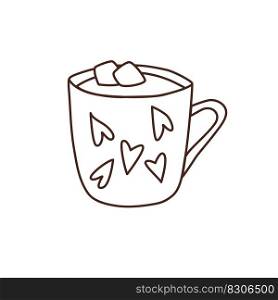 Hot chocolate with marshmallows in cup with hearts doodle outline vector drawing. Valentines day illustration.