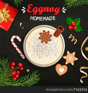 Hot Christmas Eggnog, homemade mulled wine, grog. Cocktail with milk,cinnamon and clove stars. Cozy mug with egg nog surrounded by gift, candy cane, gingerbread, cookie, top view. Vector illustration.. Hot Christmas Eggnog, homemade mulled wine, grog.