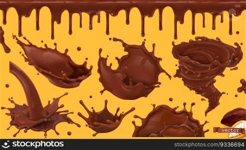 Hot cocoa, drinking chocolate. Splashes and seamless pattern. 3d vector realistic set