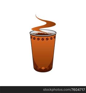 Hot coffee in disposable plastic or paper cup with beans isolated. Vector refreshing drink in glass with cover. Cup of coffee, espresso or cappuccino isolated