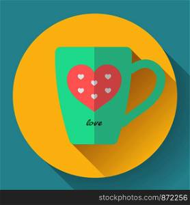Hot coffee or tea cup flat icon with pink heart. Vector illustration. Hot coffee or tea cup flat icon with pink heart. Sign Love. Vector illustration.