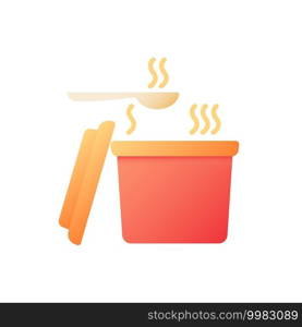 Hot curry take out vector flat color icon. Steaming soup in box. Take away order. Catering meal. Fast food delivery. Cartoon style clip art for mobile app. Isolated RGB illustration. Hot curry take out vector flat color icon