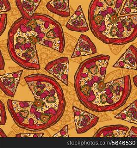 Hot delicious tasty meat cheese olive pepper sketch pizza seamless pattern vector illustration.