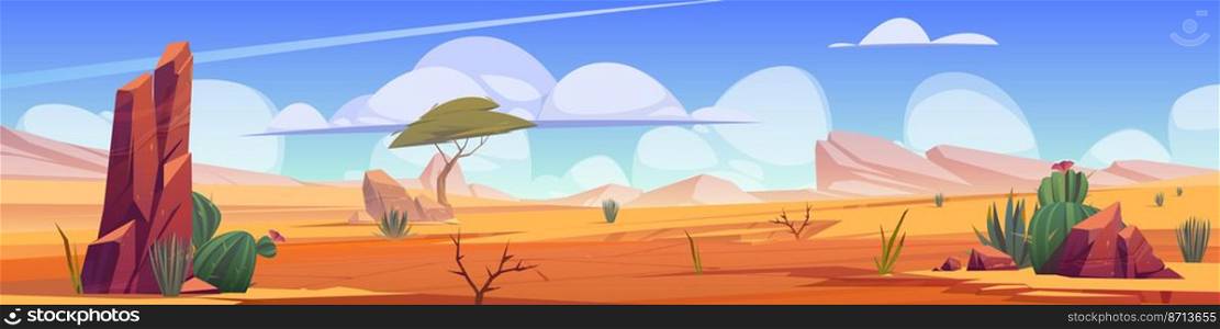 Hot desert landscape with sand, cactuses, rocks, acacia tree and grass. Vector cartoon illustration of african desert panorama with stones, dune, plants and mountains on horizon. Hot desert landscape with sand, cactuses, rocks
