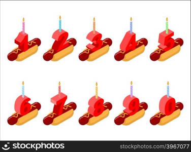 Hot dog and birthday numbers candles. Birthday fast food isometrics. Hotdog for holiday. Numbers cartoon style. Set anniversary digits&#xA;