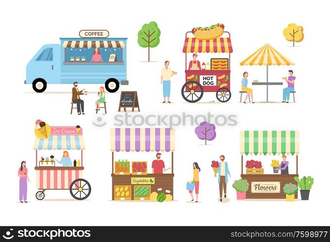 Hot dog and coffee shop vector, ice cream and flowers kiosk, vegetables market summer marketplace for customers, people eating by truck under umbrella. Shops of Street Food, Kiosk with Coffee Hot Dog