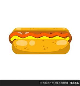 Hot dog. Bread, sausage, ketchup. Icon Harmful diet. Delicious Bun. Fast junk food. Cartoon flat illustration. Hot dog. Bread, sausage, ketchup.