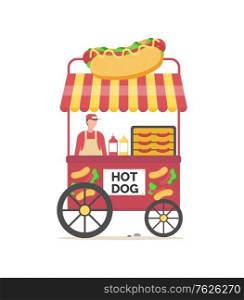 Hot dog business vector, person selling meal bun with sausage and vegetables, ketchup and mustard. Male with street food isolated salesperson flat style. Hot Dog Seller with Food and Sauces in Bottles