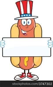 Hot Dog Cartoon Character With American Patriotic Hat Holding A Banner