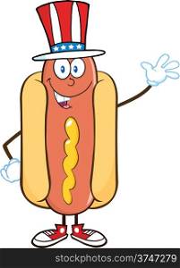 Hot Dog Cartoon Mascot Character With American Patriotic Hat Waving
