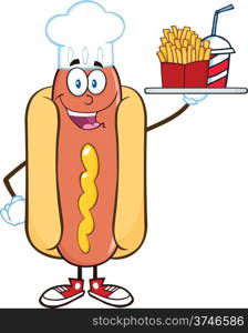Hot Dog Chef Cartoon Character Holding A Platter With French Fries And A Soda