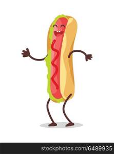 Hot Dog Dancing Isolated on White. Funny Food. Hot dog dancing isolated on white. Funny food story conceptual banner. Fresh cooked hotdog character in cartoon style on disco. Happy meal for children. Childish menu poster. Vector illustration