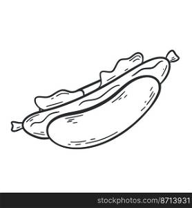Hot dog doodle illustration. Bun with sausage ink line clipart. Traditional American food. Fast food isolated hand drawn vector. Hot dog doodle illustration