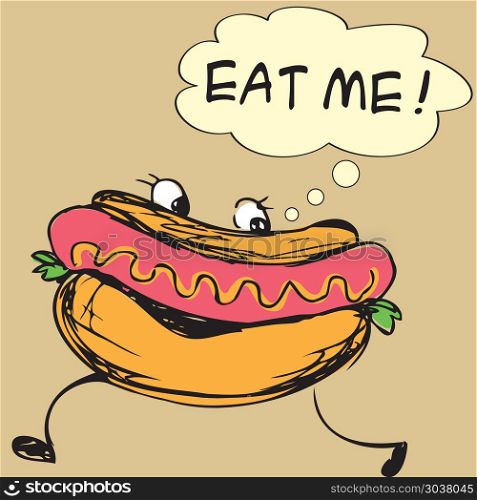 Hot dog. Eat me.Hot dog, hand drawing, vector illustration. Hot dog