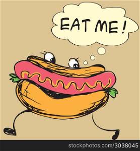 Hot dog. Eat me.Hot dog, hand drawing, vector illustration. Hot dog