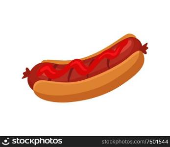 Hot dog, fast food vector cartoon style banner. Grilled sausage with ketchup or sauce between buns, isolated brochure for cafe or restaurant menu. Hot Dog, Fast Food Vector Cartoon Style Banner