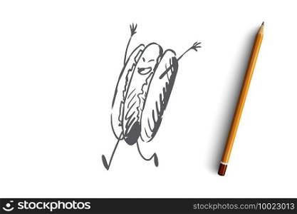 Hot dog, food, sausage, bun, tasty concept. Hand drawn funny hot dog running raised concept sketch. Isolated vector illustration.. Hot dog, food, sausage, bun, tasty concept. Hand drawn isolated vector.