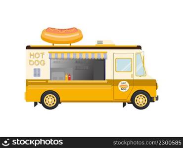 Hot dog food truck isolated on white background. Amusement park street food market. Flat vector illustration.. Hot dog food truck. Amusement park food market. Flat vector illustration.