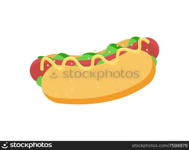 Hot dog food vector, isolated snack made of sausage and vegetables, veggies and bun, junk dish flat style, grilled banger, unhealthy meal cooked lunch. Hot Dog Snack, Bun and Sausage with Ketchup Vector