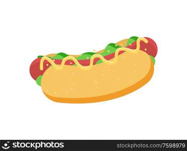 Hot dog food vector, isolated snack made of sausage and vegetables, veggies and bun, junk dish flat style, grilled banger, unhealthy meal cooked lunch. Hot Dog Snack, Bun and Sausage with Ketchup Vector