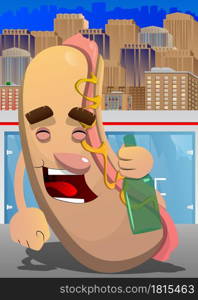 Hot Dog holding a bottle. American fast food as a cartoon character with face.