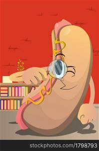 Hot Dog holding a magnifying glass. American fast food as a cartoon character with face.