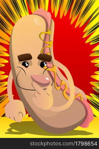 Hot Dog holding finger front of his mouth. American fast food as a cartoon character with face.