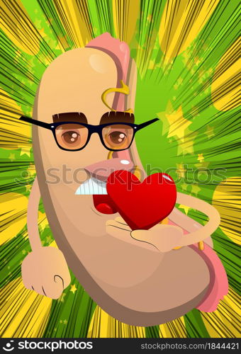 Hot Dog holding red heart in his hand. American fast food as a cartoon character with face.