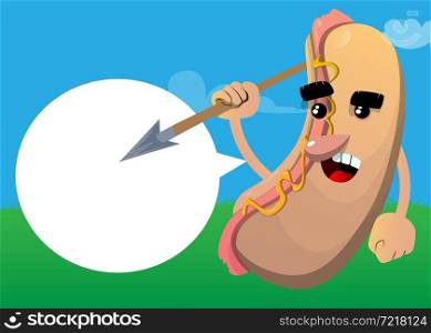 Hot Dog holding spear in his hand. American fast food as a cartoon character with face.