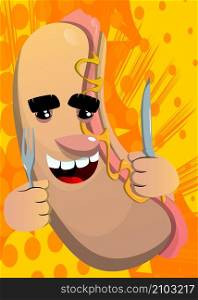 Hot Dog holding up a knife and fork. American fast food as a cartoon character with face.